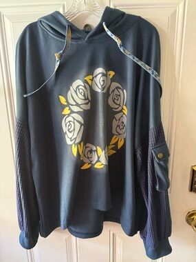 Women's Navy Hooded Pullover with Yellow Rose Graphic